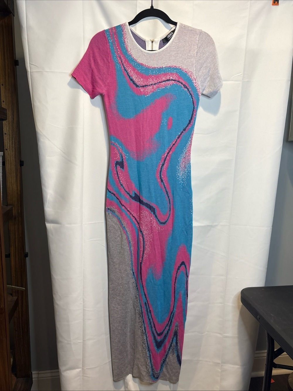Hera Collection Pink & Blue Abstract Wave Knit Maxi Dress